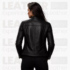 Blouson de motard en cuir noir matelassé pour femme – style Café Racer