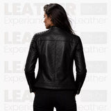 Women’s Black Biker Leather Jacket – Quilted Shoulder Café Racer Jacket