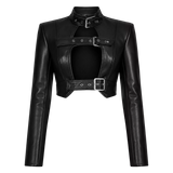 Women’s Black Buckle Cropped Leather Jacket | Edgy Cut-Out Biker Style