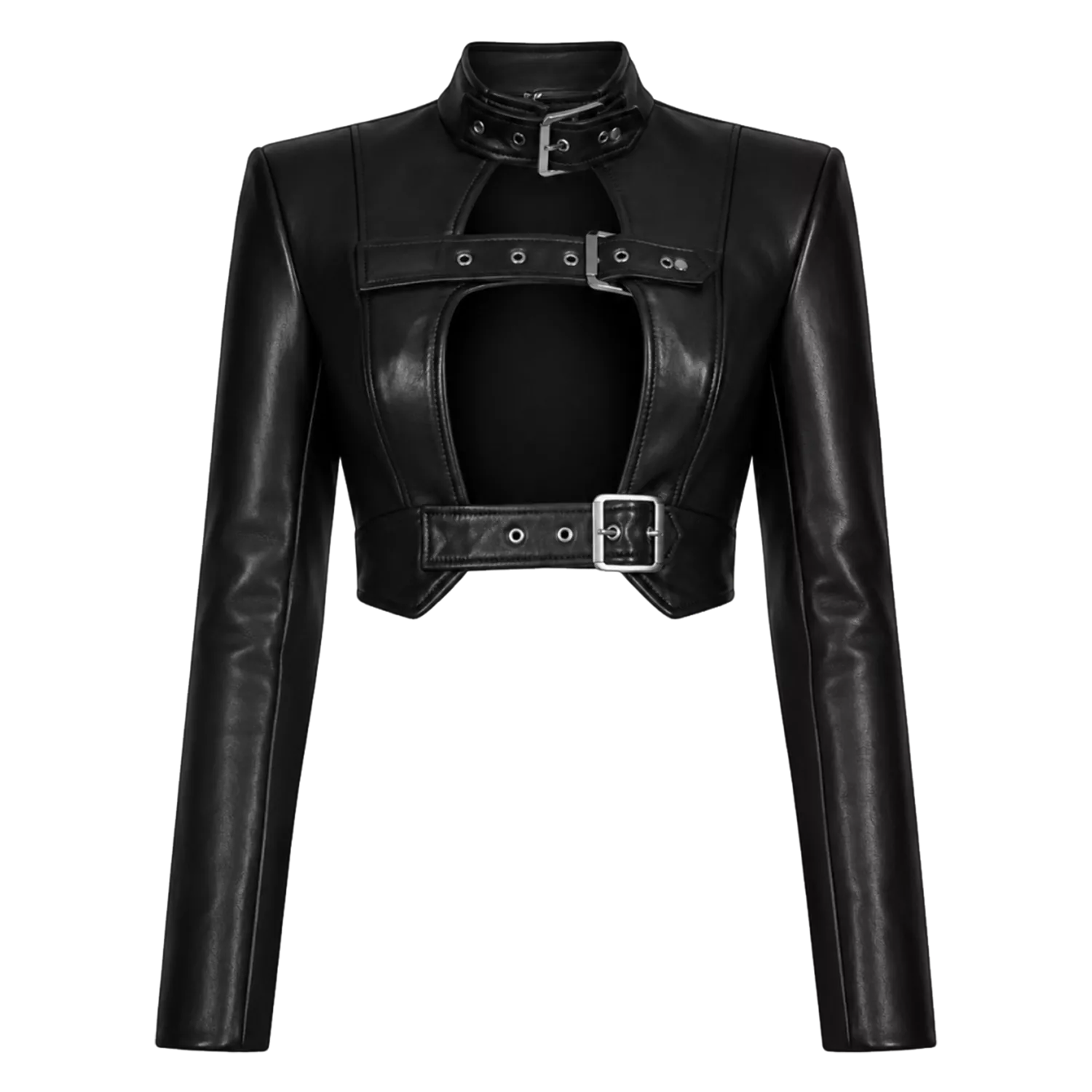 Women’s Black Buckle Cropped Leather Jacket | Edgy Cut-Out Biker Style