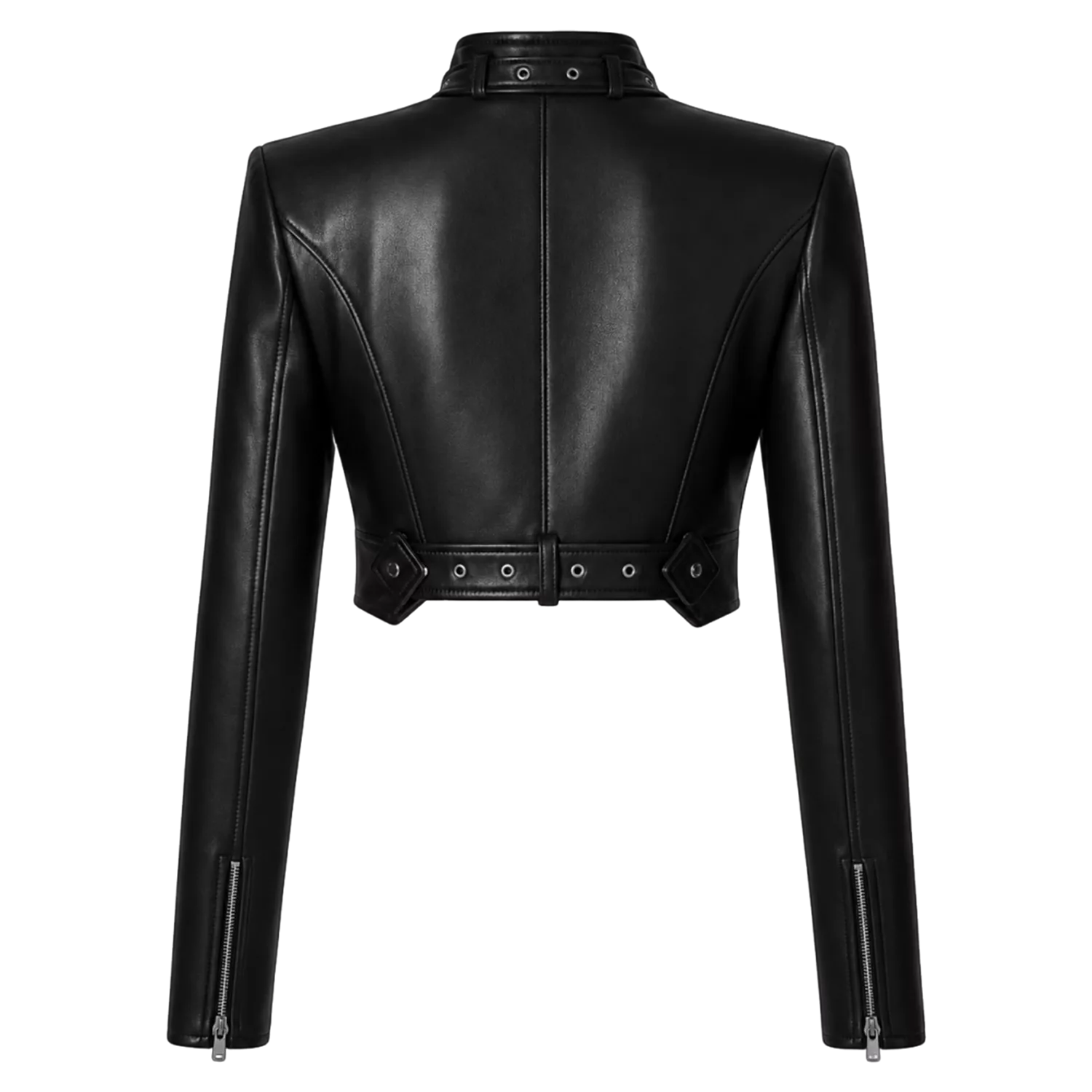 Women’s Black Buckle Cropped Leather Jacket | Edgy Cut-Out Biker Style