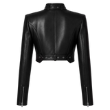 Women’s Black Buckle Cropped Leather Jacket | Edgy Cut-Out Biker Style