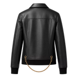 Women's Black Chain Detail Leather Biker Jacket | Gold Hardware Moto Jacket