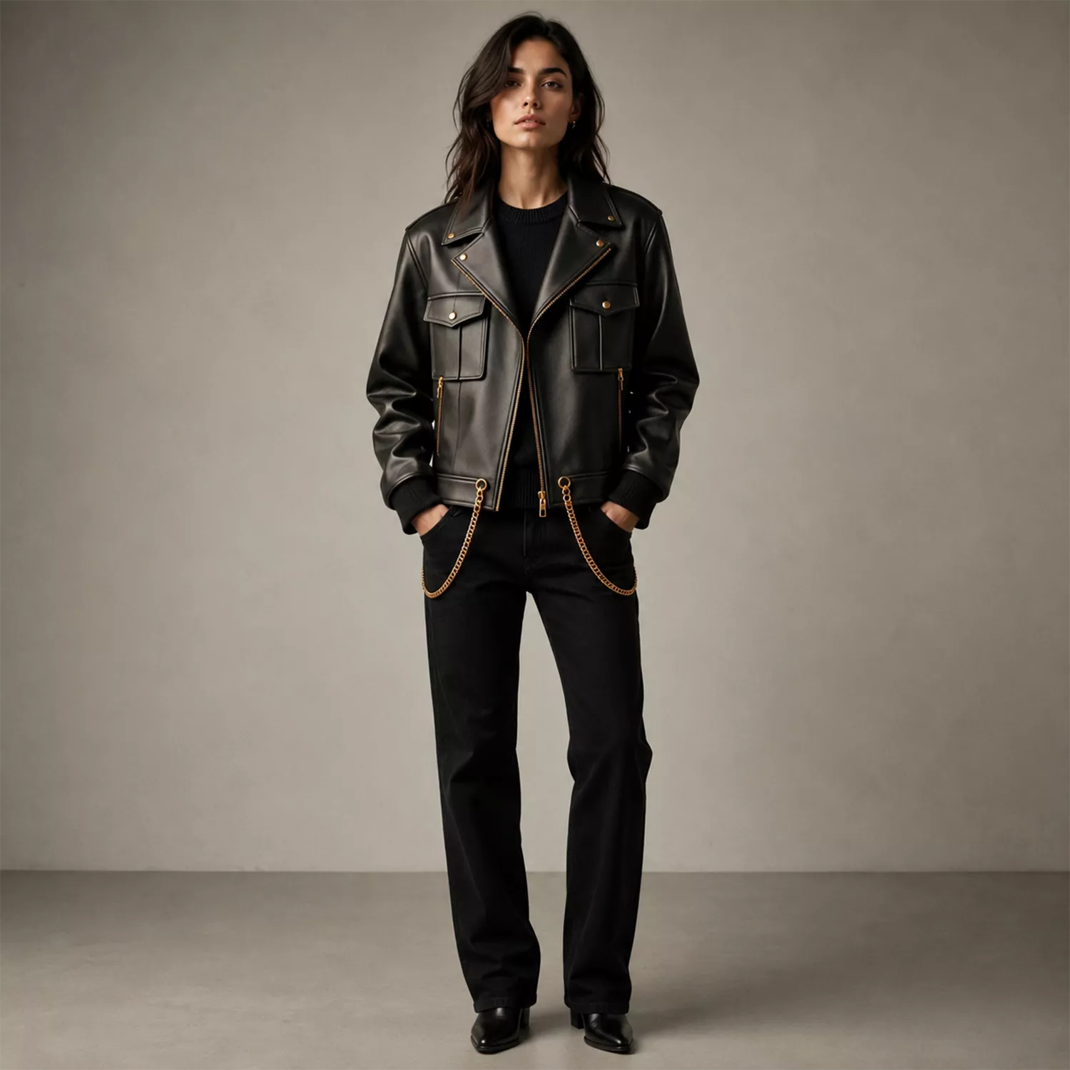 Women's Black Chain Detail Leather Biker Jacket | Gold Hardware Moto Jacket