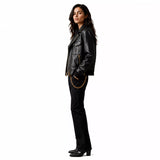 Women's Black Chain Detail Leather Biker Jacket | Gold Hardware Moto Jacket