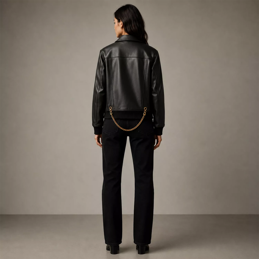 Women's Black Chain Detail Leather Biker Jacket | Gold Hardware Moto Jacket