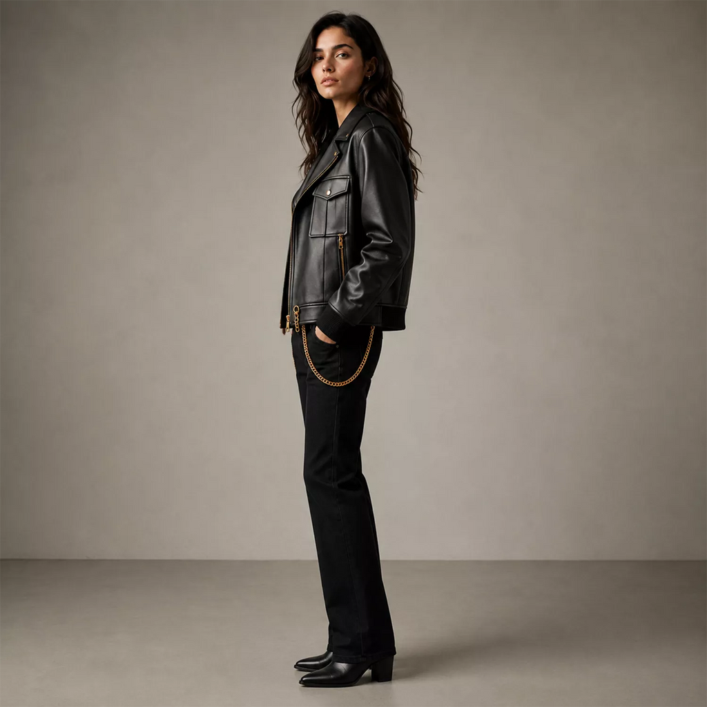 Women's Black Chain Detail Leather Biker Jacket | Gold Hardware Moto Jacket