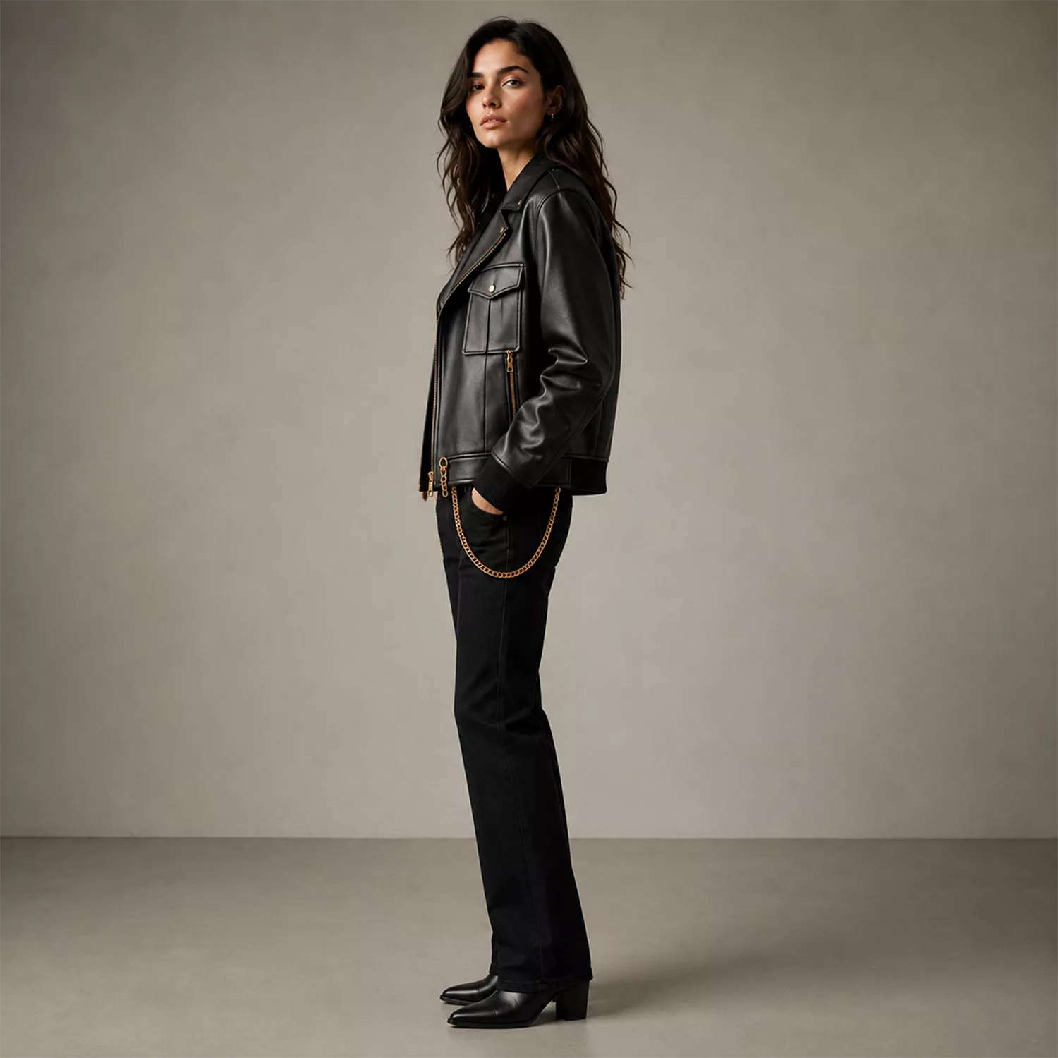 Women's Black Chain Detail Leather Biker Jacket | Gold Hardware Moto Jacket