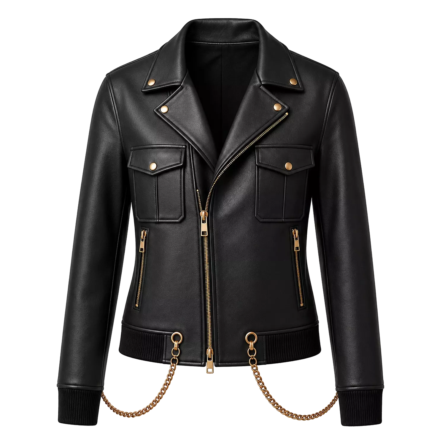 Women's Black Chain Detail Leather Biker Jacket | Gold Hardware Moto Jacket