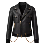 Women's Black Chain Detail Leather Biker Jacket | Gold Hardware Moto Jacket