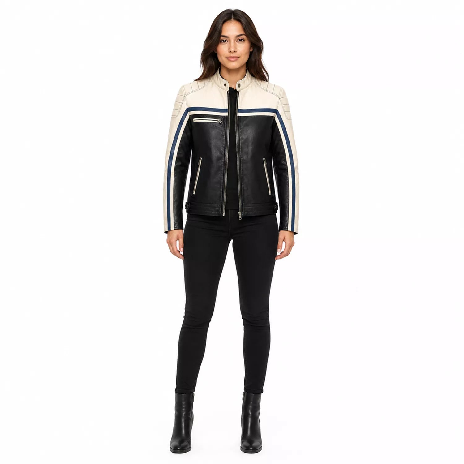 Women’s Black Cream Blue Leather Biker Jacket | Moto Style