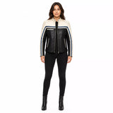 Women’s Black Cream Blue Leather Biker Jacket | Moto Style