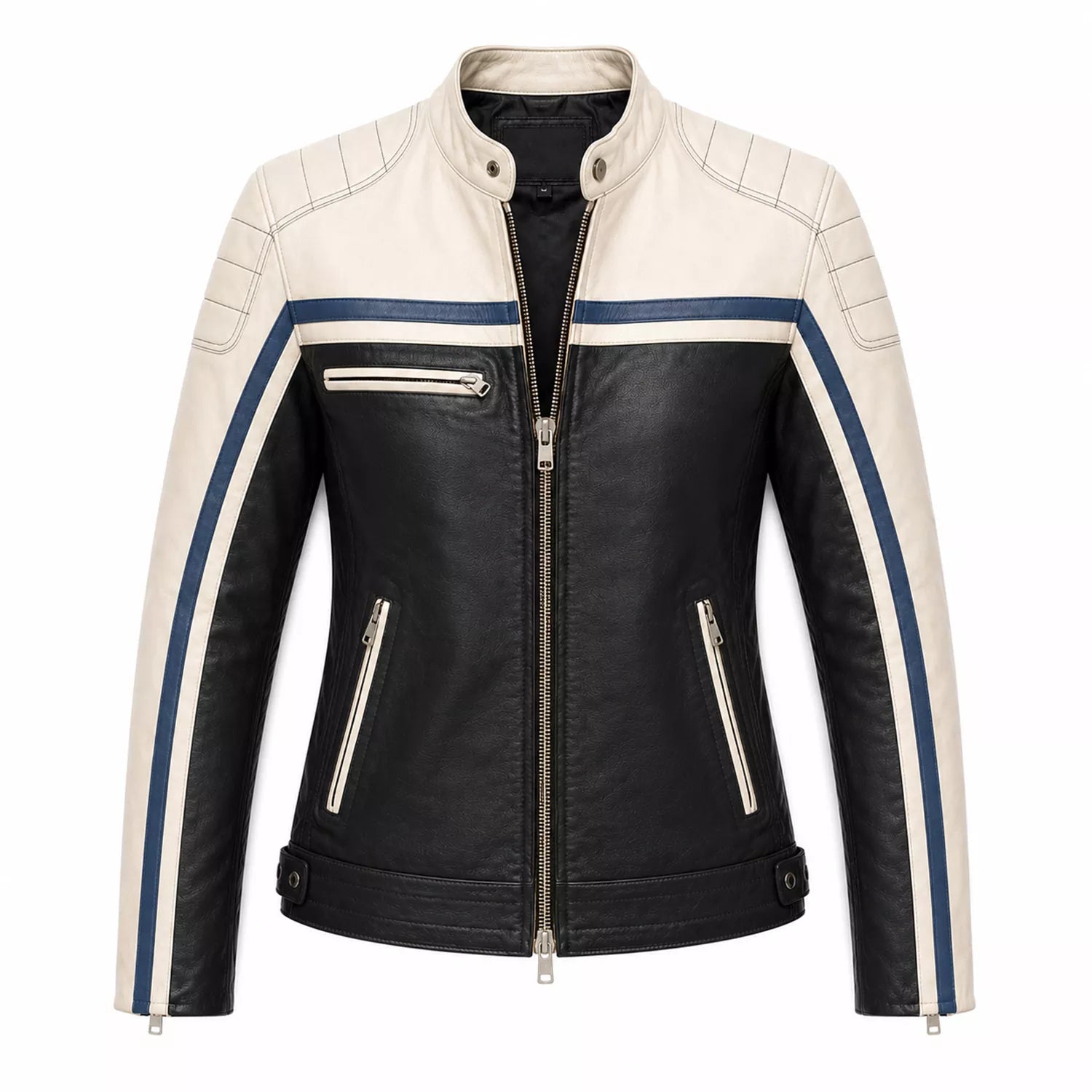 Women’s Black Cream Blue Leather Biker Jacket | Moto Style