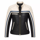 Women’s Black Cream Blue Leather Biker Jacket | Moto Style