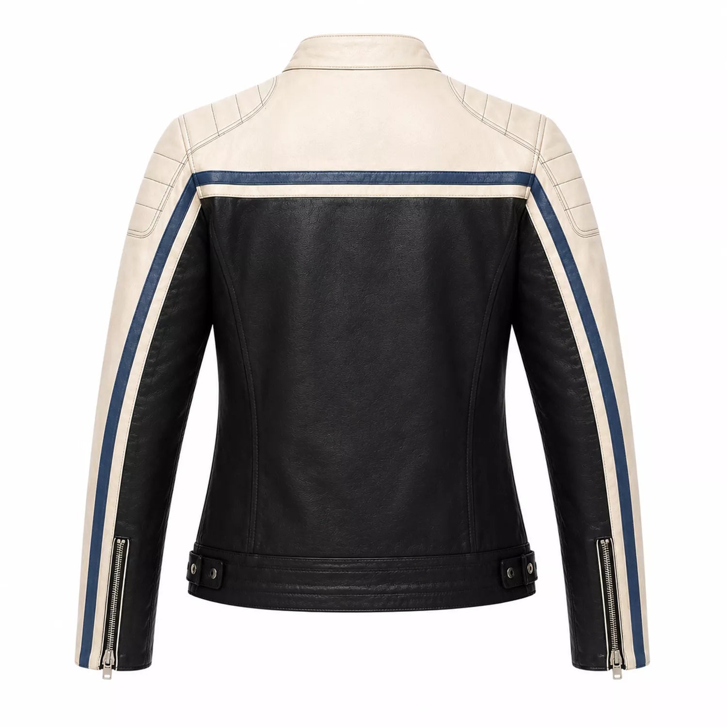 Women’s Black Cream Blue Leather Biker Jacket | Moto Style