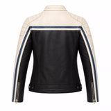 Women’s Black Cream Blue Leather Biker Jacket | Moto Style