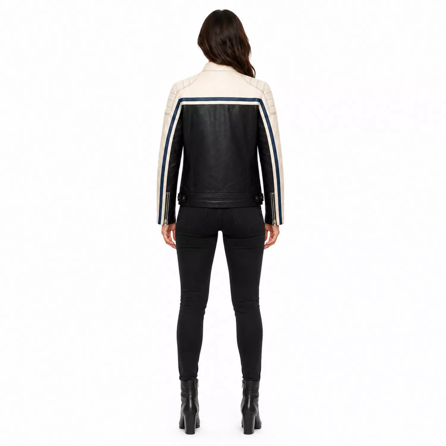 Women’s Black Cream Blue Leather Biker Jacket | Moto Style