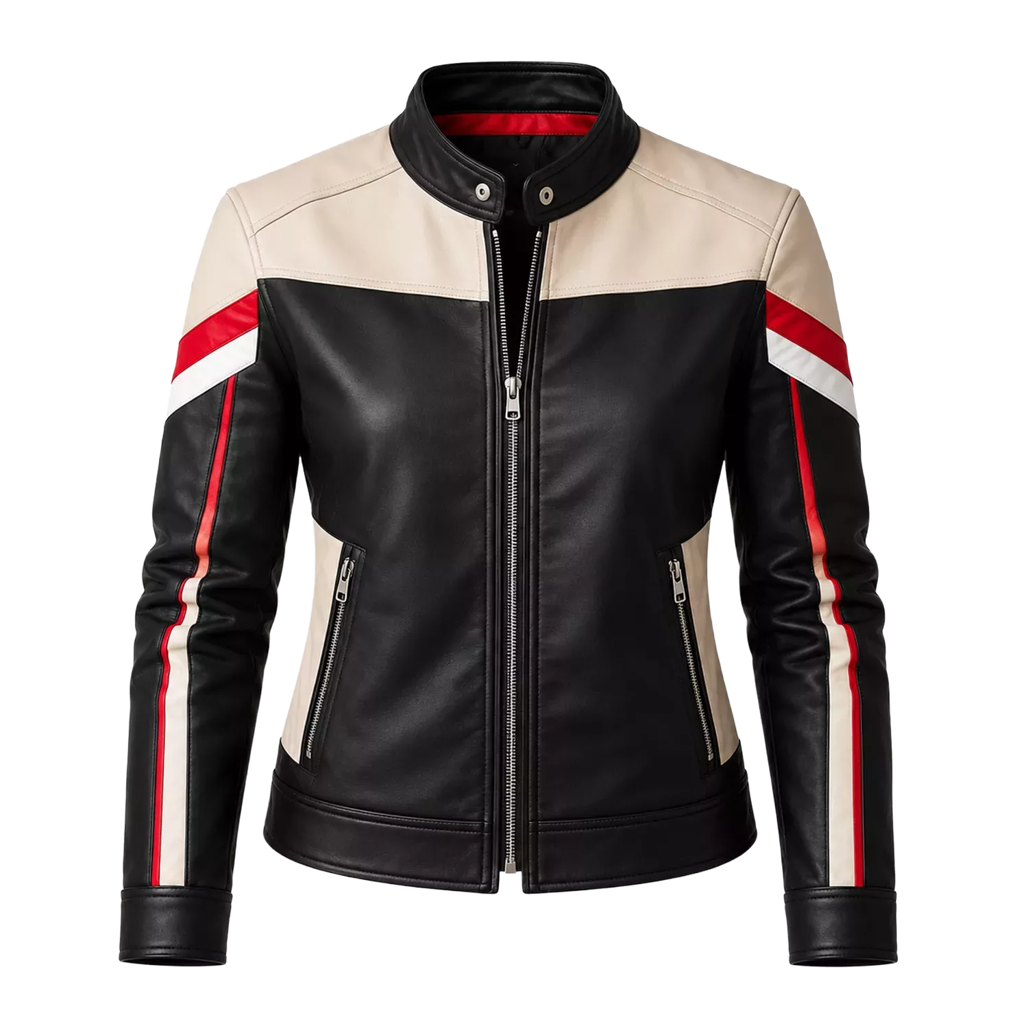 Women’s Black Cream Red Leather Moto Jacket | Racing Style Biker Jacket