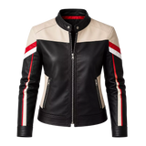 Women’s Black Cream Red Leather Moto Jacket | Racing Style Biker Jacket