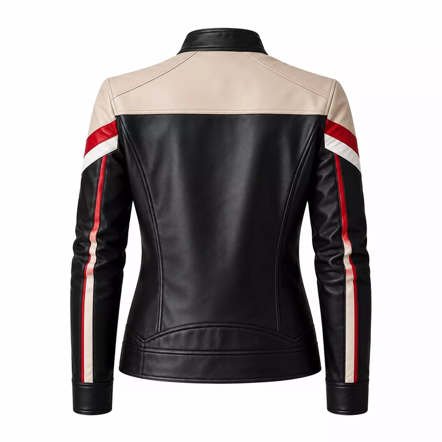 Women’s Black Cream Red Leather Moto Jacket | Racing Style Biker Jacket
