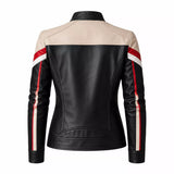 Women’s Black Cream Red Leather Moto Jacket | Racing Style Biker Jacket