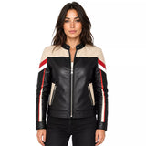Women’s Black Cream Red Leather Moto Jacket | Racing Style Biker Jacket