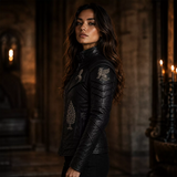Women’s Black Heritage Emblem Leather Biker Jacket | Custom Graphic Motorcycle Jacket