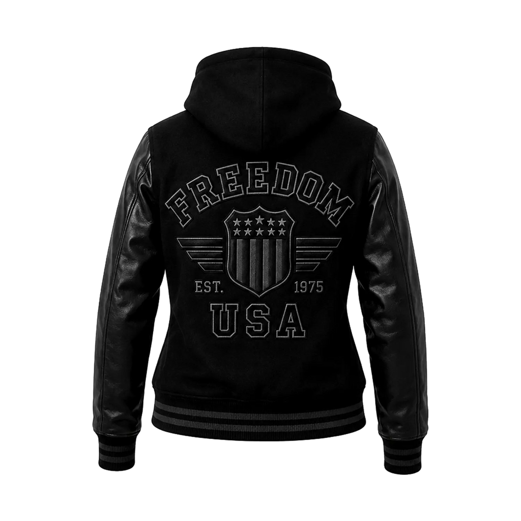 Women’s Black Hooded Varsity Jacket | Leather Sleeve Letterman Bomber