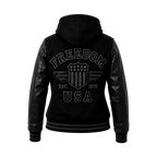 Women’s Black Hooded Varsity Jacket | Leather Sleeve Letterman Bomber