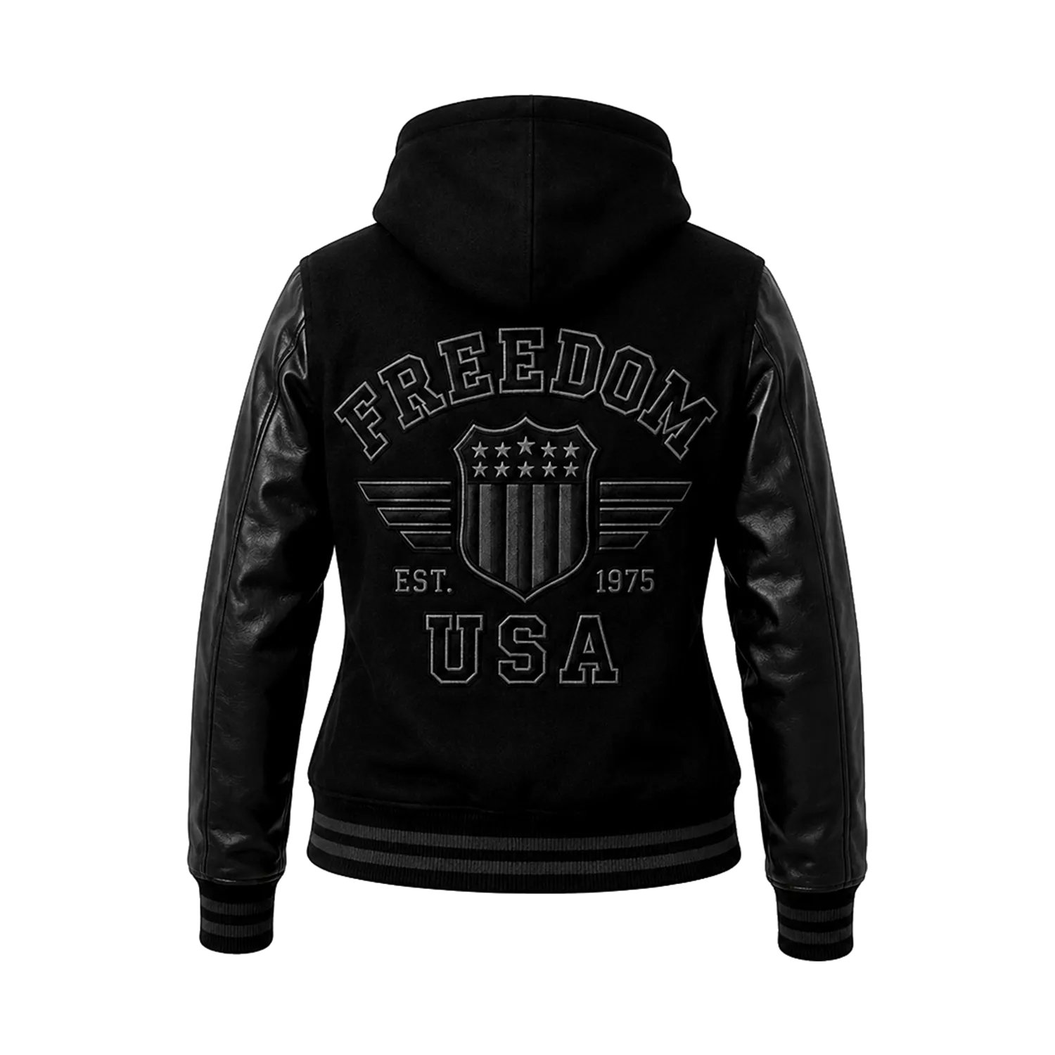 Women’s Black Hooded Varsity Jacket | Leather Sleeve Letterman Bomber