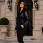Women’s Black Hooded Varsity Jacket | Leather Sleeve Letterman Bomber