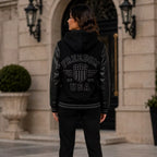 Women’s Black Hooded Varsity Jacket | Leather Sleeve Letterman Bomber