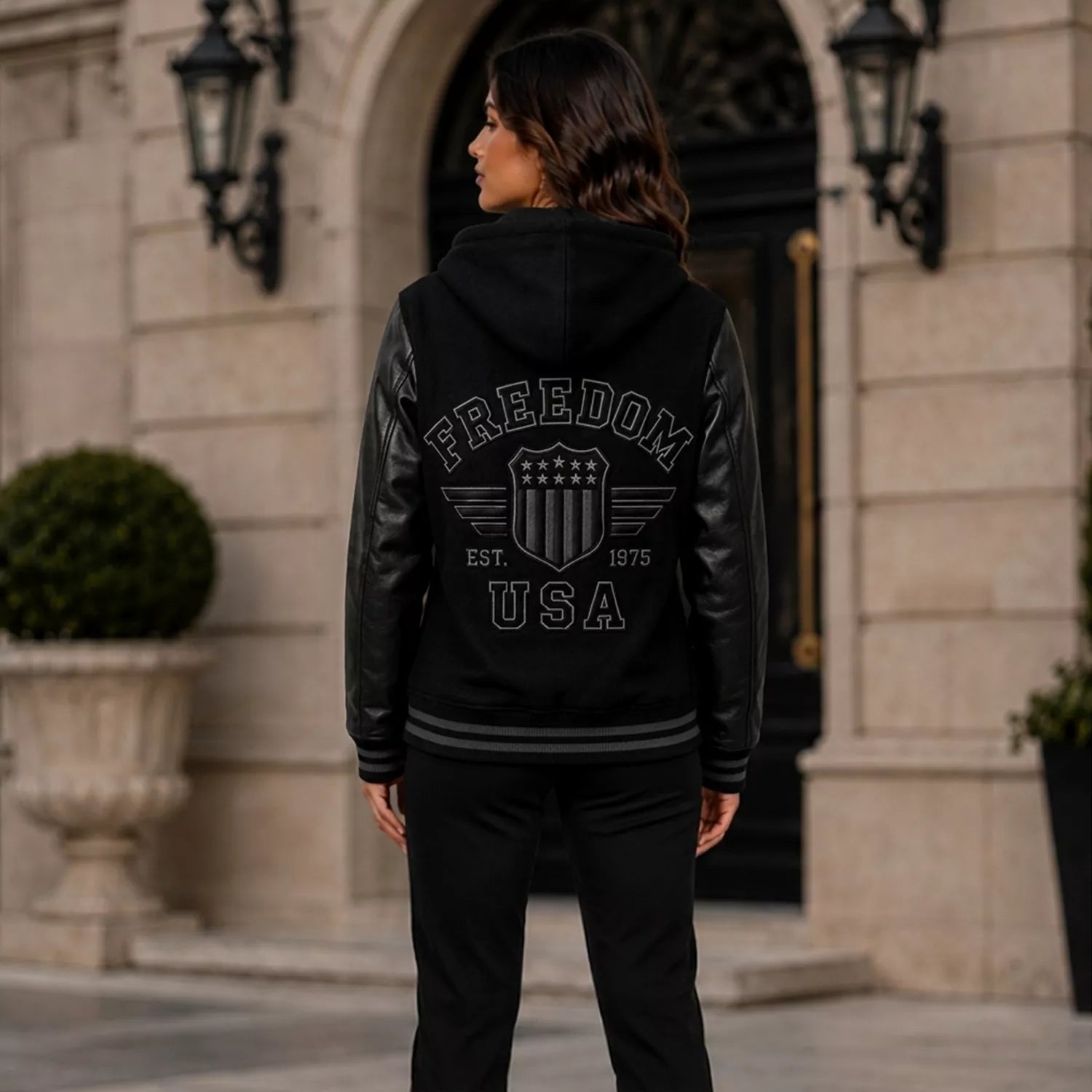 Women’s Black Hooded Varsity Jacket | Leather Sleeve Letterman Bomber