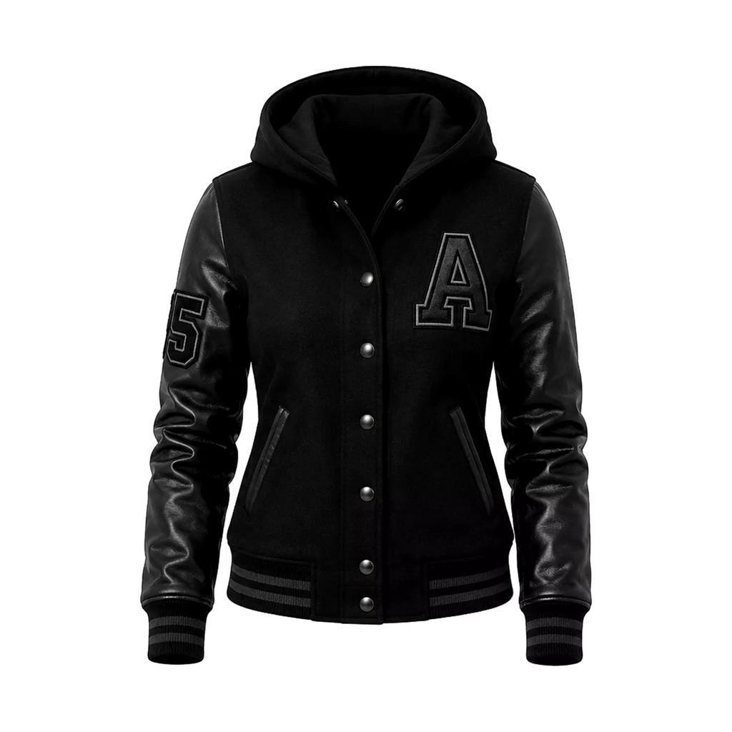Women’s Black Hooded Varsity Jacket | Leather Sleeve Letterman Bomber