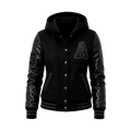 Women’s Black Hooded Varsity Jacket | Leather Sleeve Letterman Bomber
