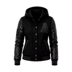 Women’s Black Hooded Varsity Jacket | Leather Sleeve Letterman Bomber