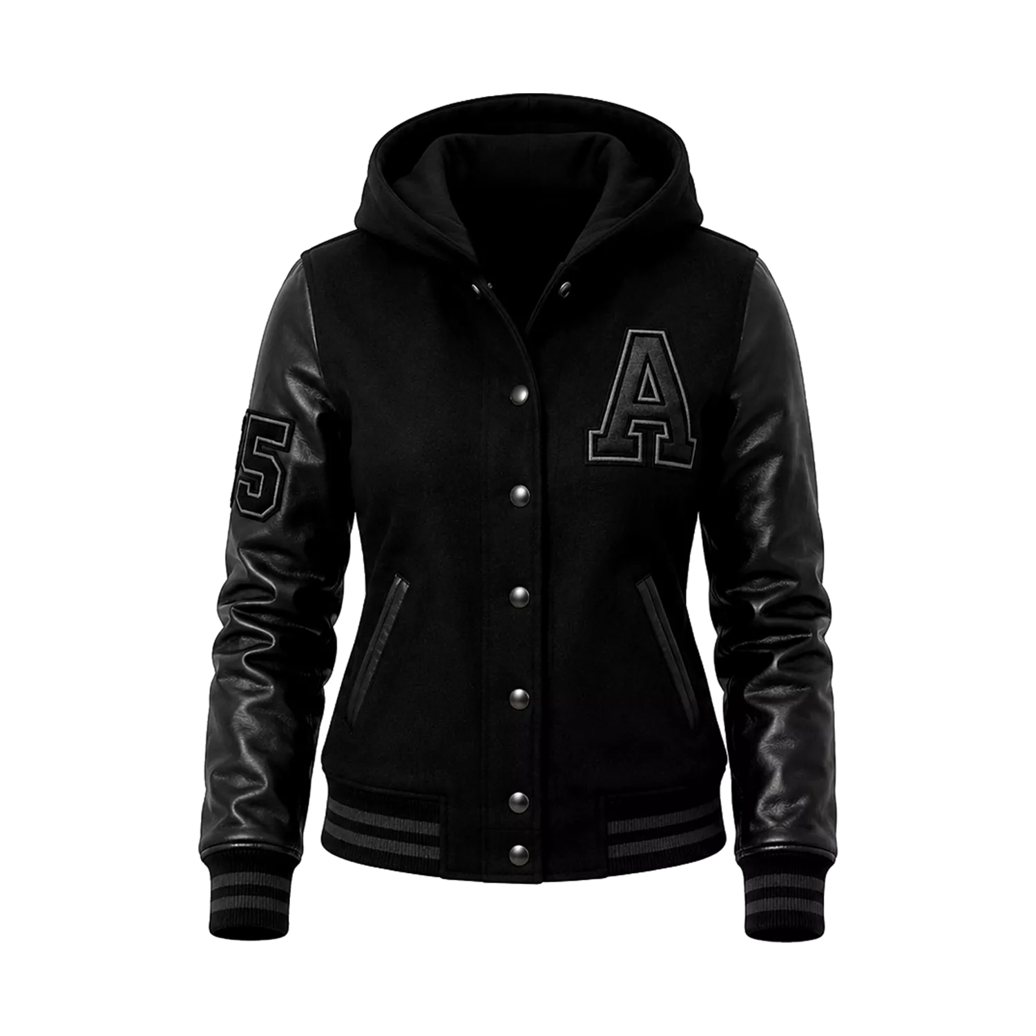 Women’s Black Hooded Varsity Jacket | Leather Sleeve Letterman Bomber