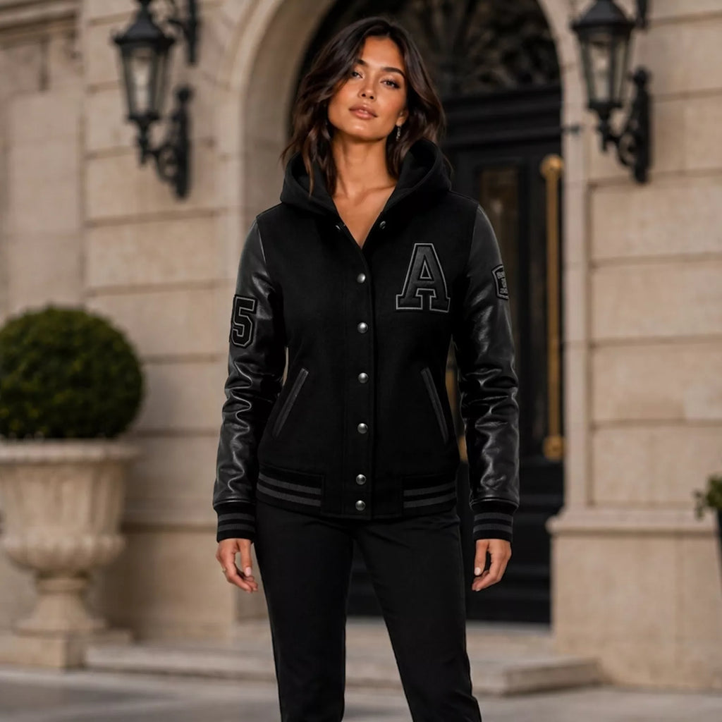 Women’s Black Hooded Varsity Jacket | Leather Sleeve Letterman Bomber