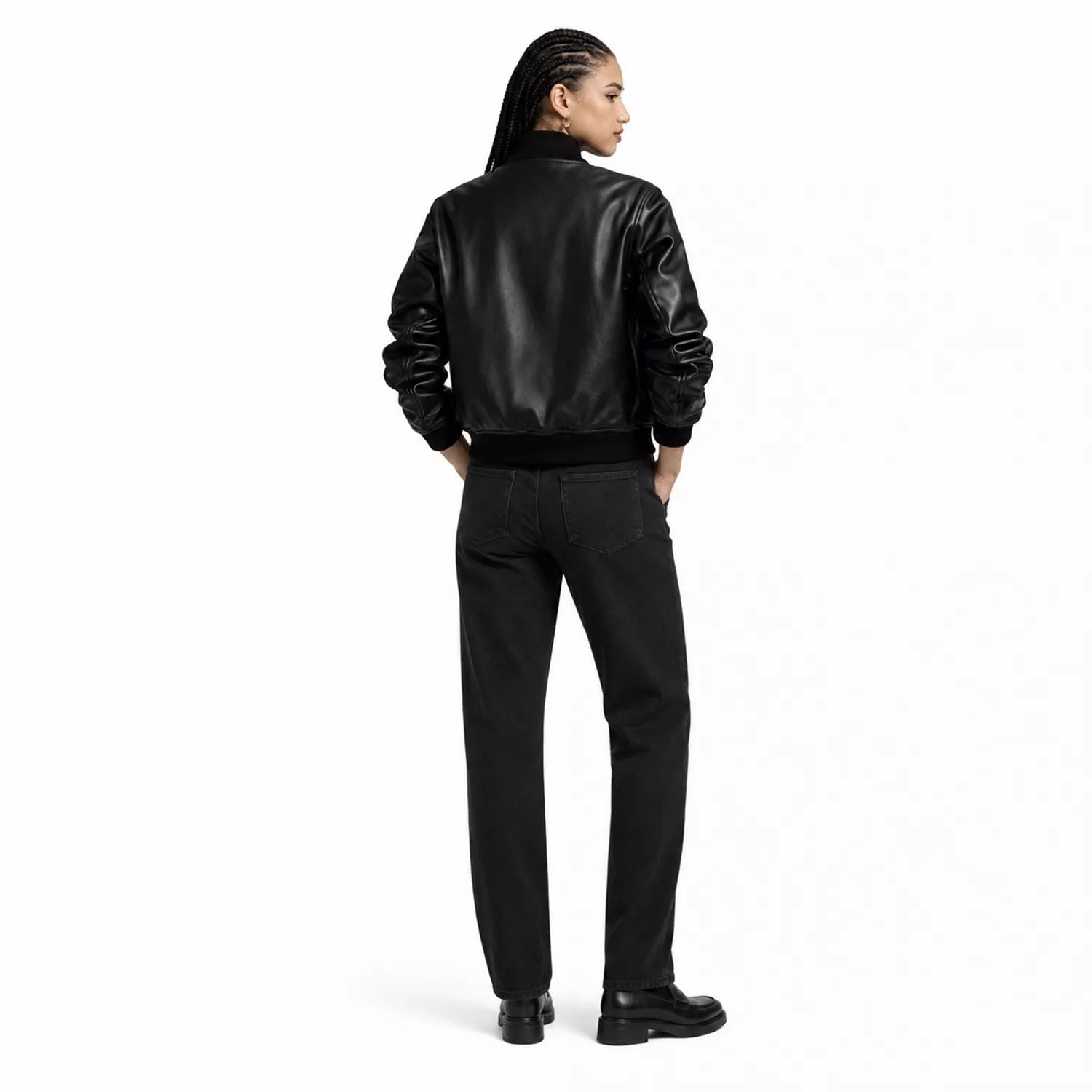 Women’s Black Leather Bomber Jacket | Cropped Varsity Style