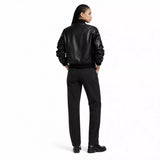 Women’s Black Leather Bomber Jacket | Cropped Varsity Style