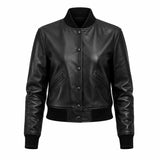 Women’s Black Leather Bomber Jacket | Cropped Varsity Style