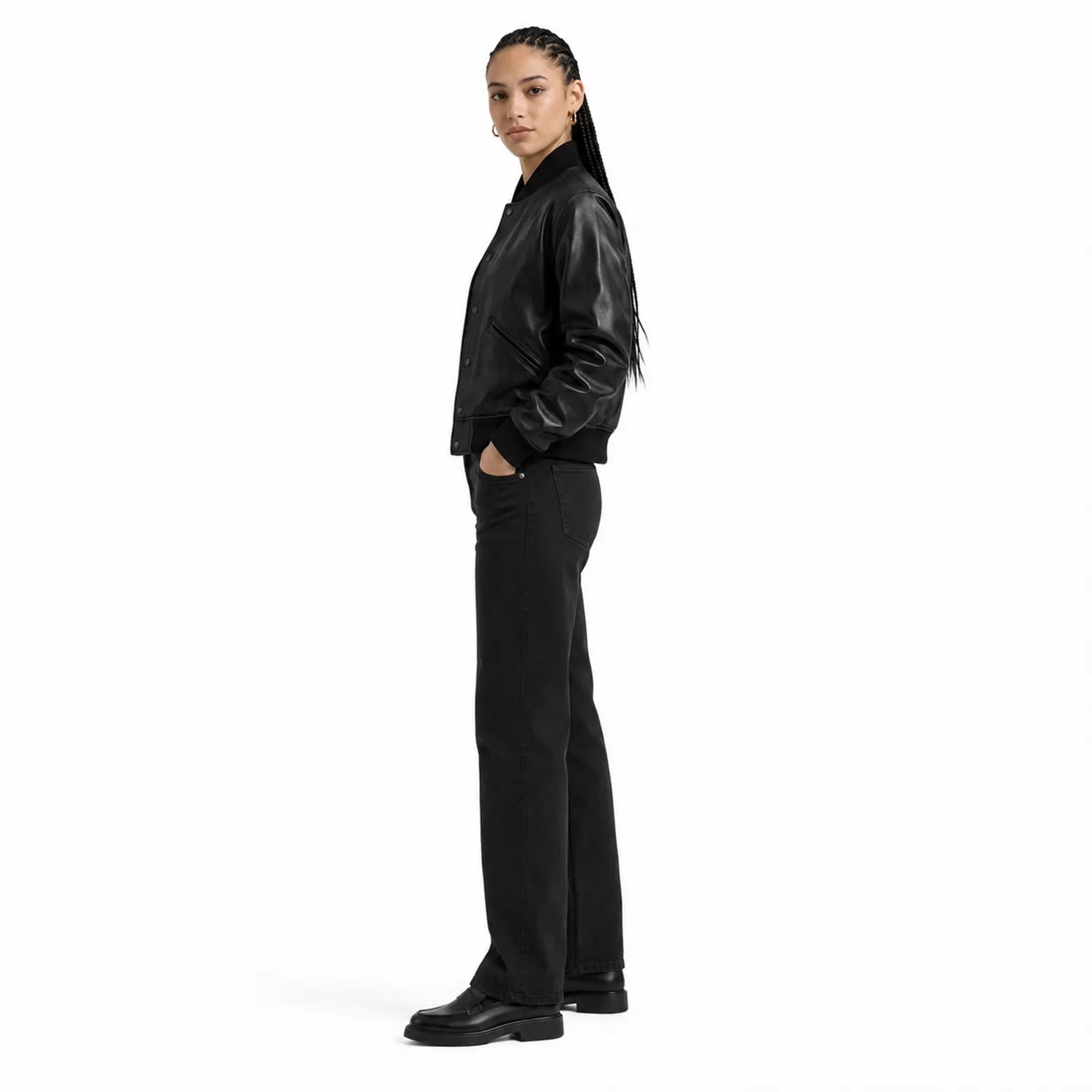 Women’s Black Leather Bomber Jacket | Cropped Varsity Style