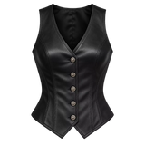 Women’s Black Leather Button Vest | Fitted V-Neck Waistcoat