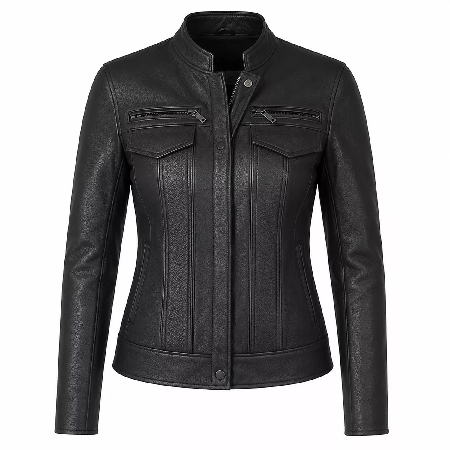 Women’s Black Leather Cafe Racer Jacket | Utility Biker Style