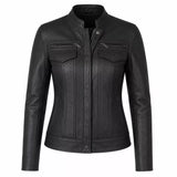 Women’s Black Leather Cafe Racer Jacket | Utility Biker Style