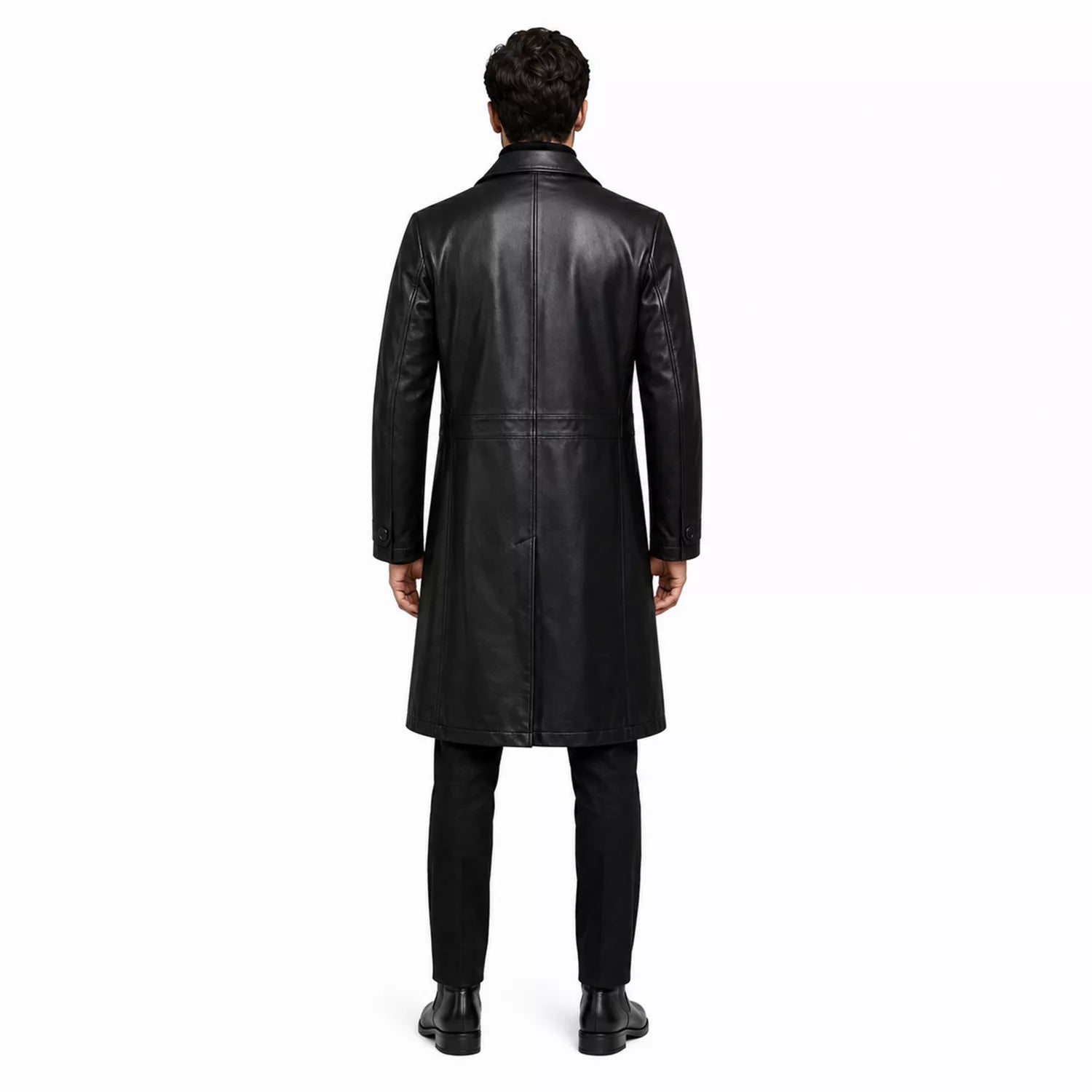 Men’s Black Leather Long Coat | Belted Button Front Trench Coat