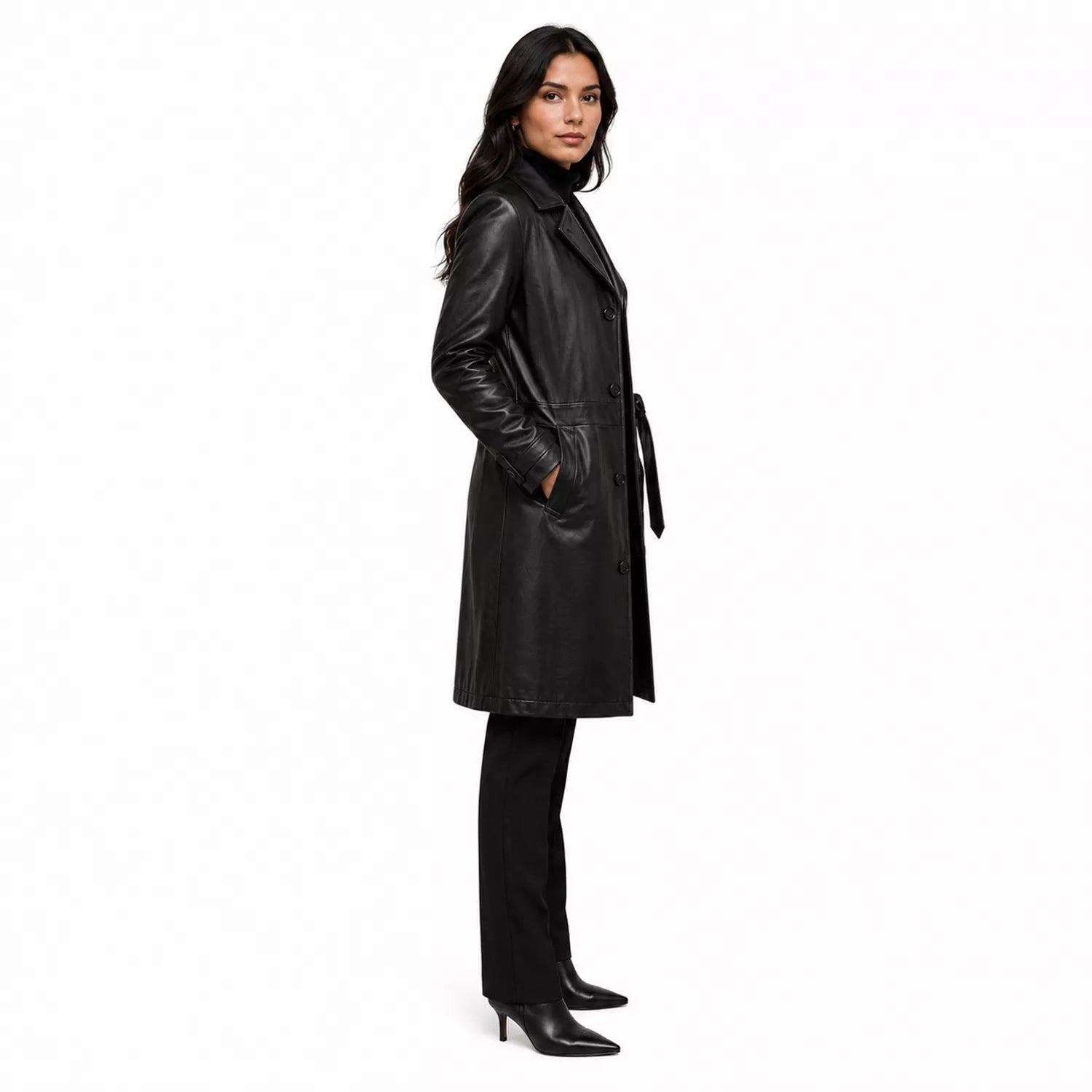 Women’s Black Leather Long Coat | Belted Button Front Trench Coat