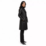 Women’s Black Leather Long Coat | Belted Button Front Trench Coat