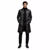 Men’s Black Leather Long Coat | Belted Button Front Trench Coat