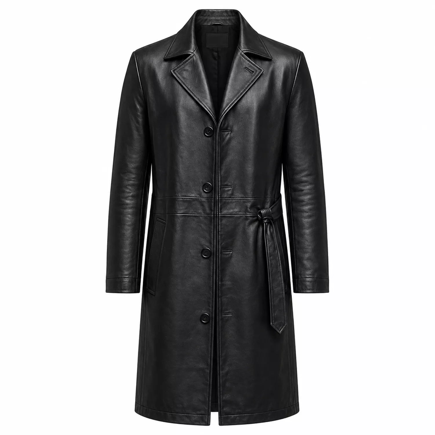 Men’s Black Leather Long Coat | Belted Button Front Trench Coat